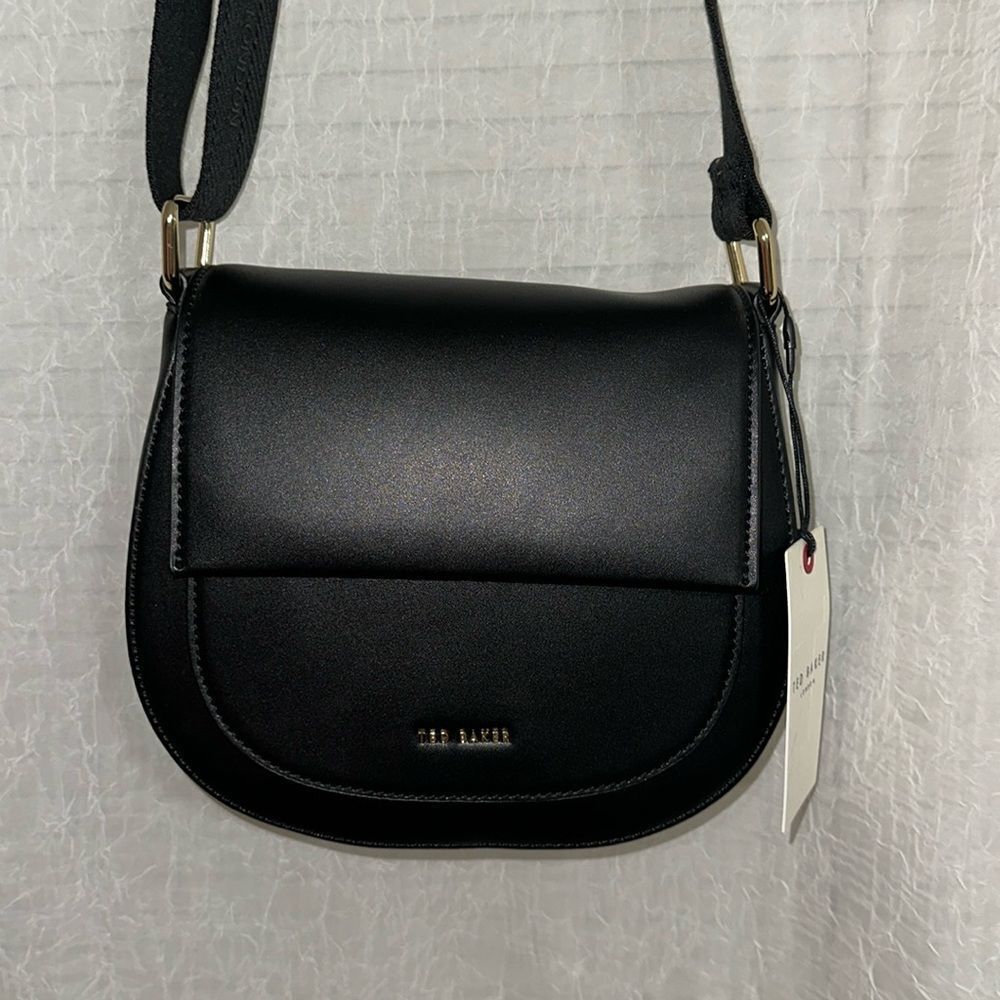 Ted Baker Darcell Black Faux Leather Gold Tone Logo Textured Grosgrain Strap Bag - Picture 3 of 16